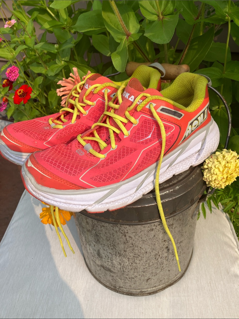 Hoka Women's Coral Running Shoes with Yellow Laces